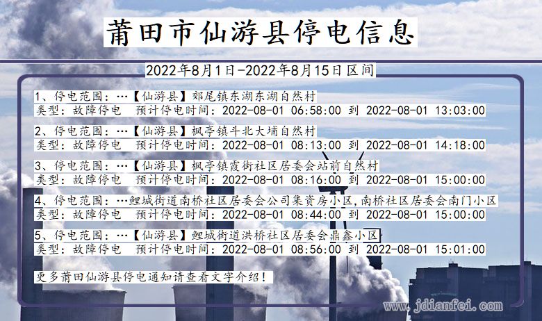 福建省莆田仙游停电通知