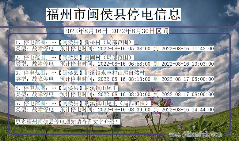 福建省福州闽侯停电通知