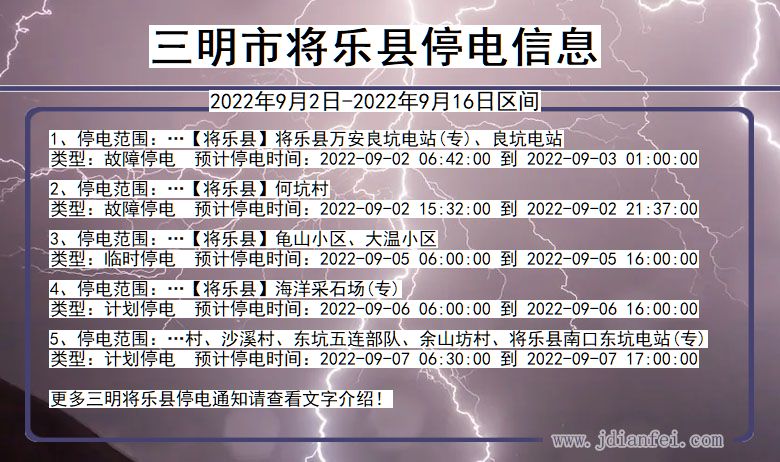 福建省三明将乐停电通知