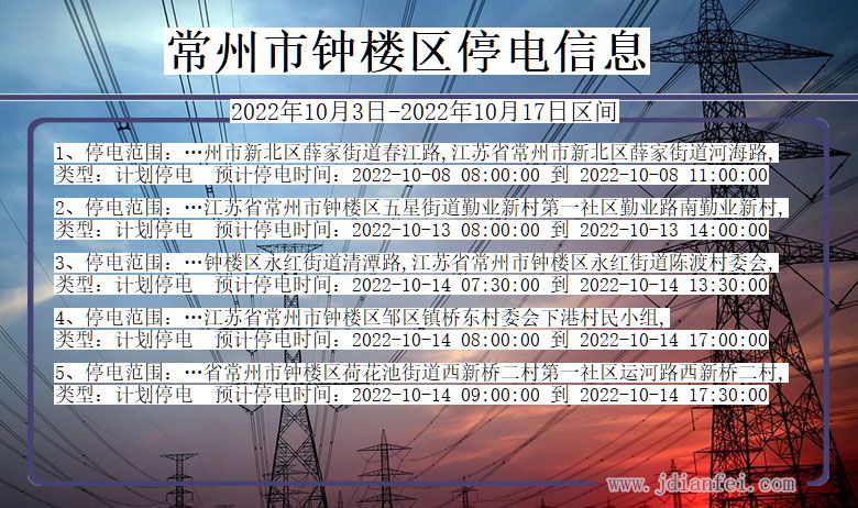 江苏省常州钟楼停电通知