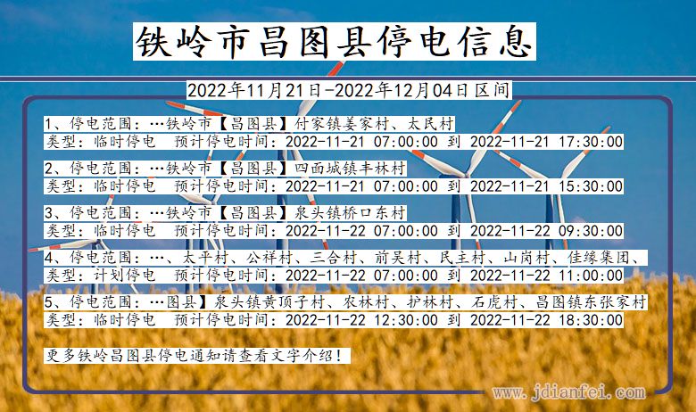 辽宁省铁岭昌图停电通知