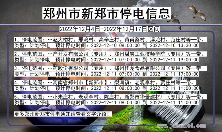 河南省郑州新郑停电通知