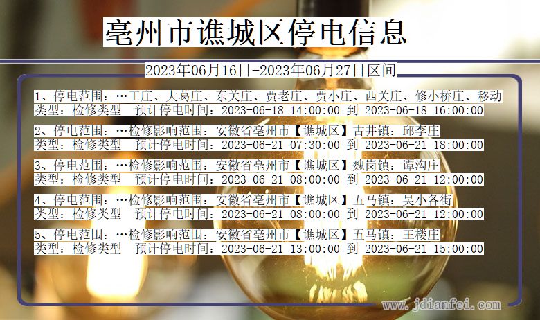 安徽省亳州谯城停电通知