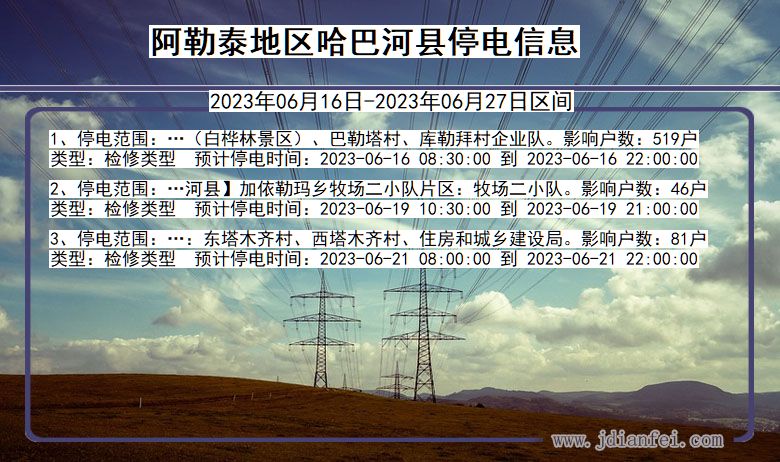 新疆维吾尔自治区阿勒泰地区哈巴河停电通知