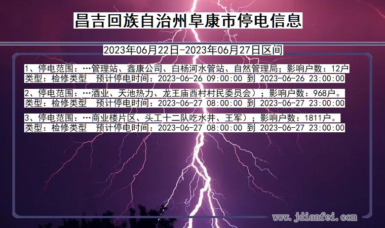 新疆维吾尔自治区昌吉回族自治州阜康停电通知