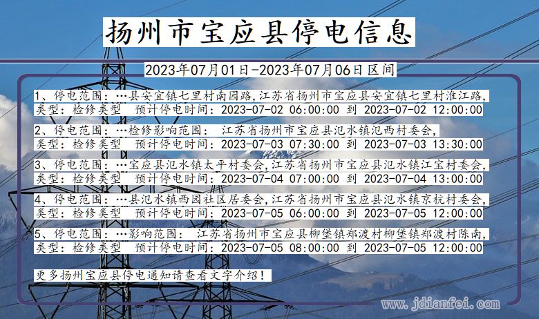 江苏省扬州宝应停电通知