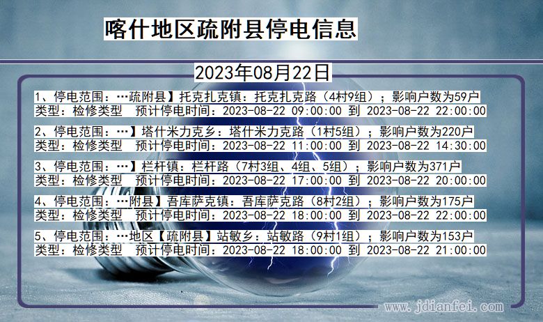 新疆维吾尔自治区喀什地区疏附停电通知