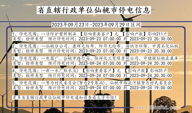 湖北省省直辖行政单位仙桃停电通知