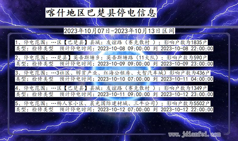 新疆维吾尔自治区喀什地区巴楚停电通知