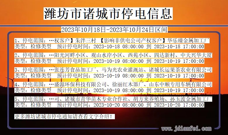 山东省潍坊诸城停电通知