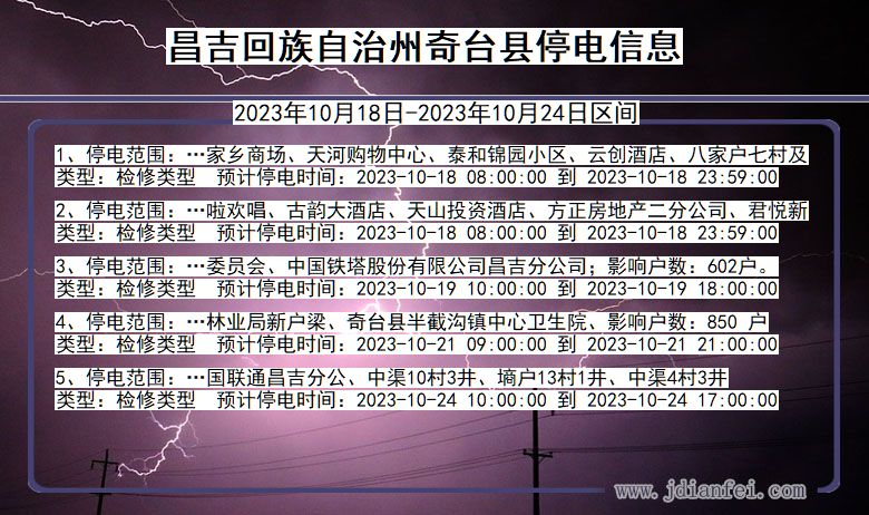 新疆维吾尔自治区昌吉回族自治州奇台停电通知