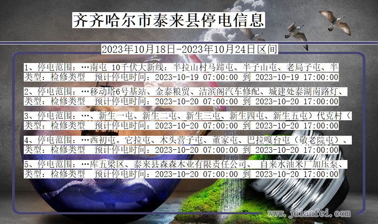 黑龙江省齐齐哈尔泰来停电通知