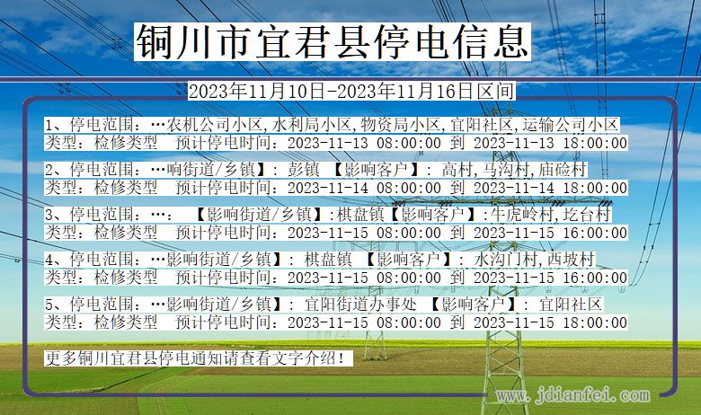 陕西省铜川宜君停电通知