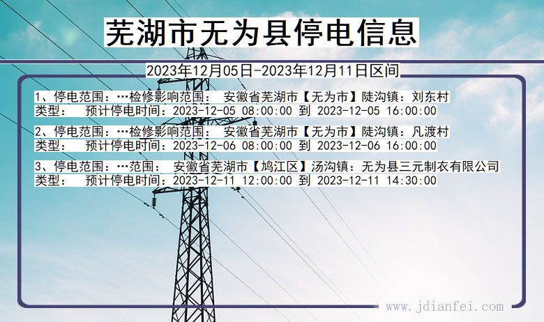 安徽省芜湖无为停电通知