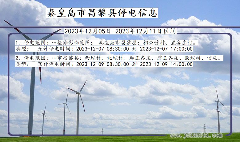 河北省秦皇岛昌黎停电通知