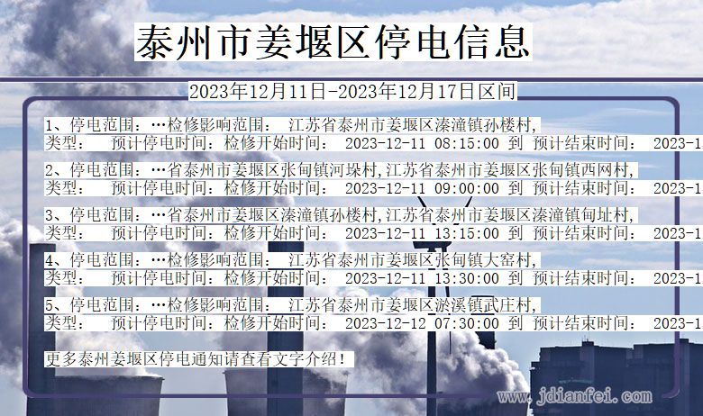 江苏省泰州姜堰停电通知