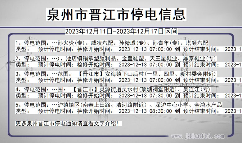 福建省泉州晋江停电通知