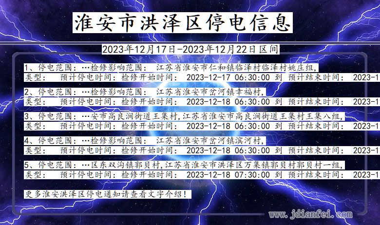 江苏省淮安洪泽停电通知