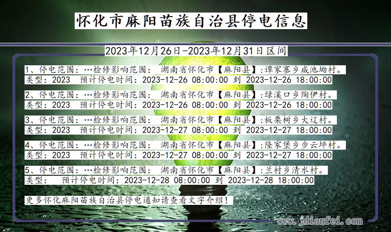 湖南省怀化麻阳苗族自治停电通知