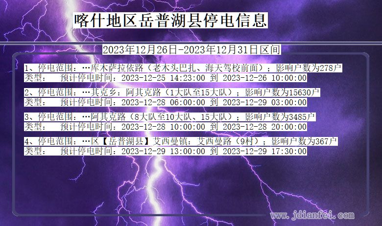 新疆维吾尔自治区喀什地区岳普湖停电通知