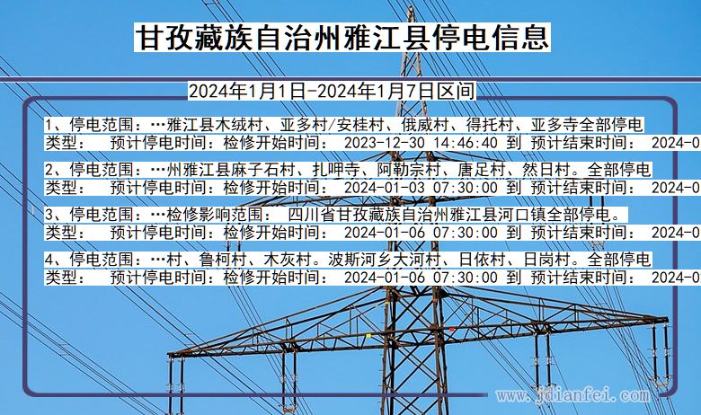 四川省甘孜藏族自治州雅江停电通知