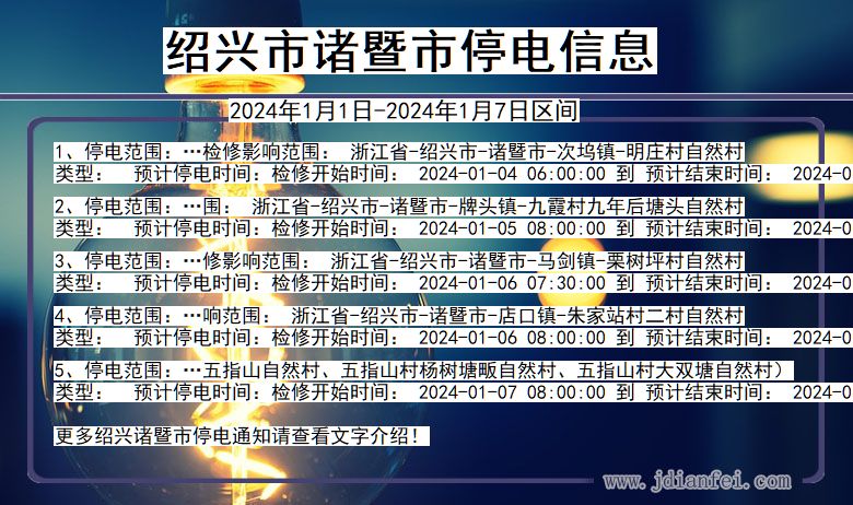 浙江省绍兴诸暨停电通知