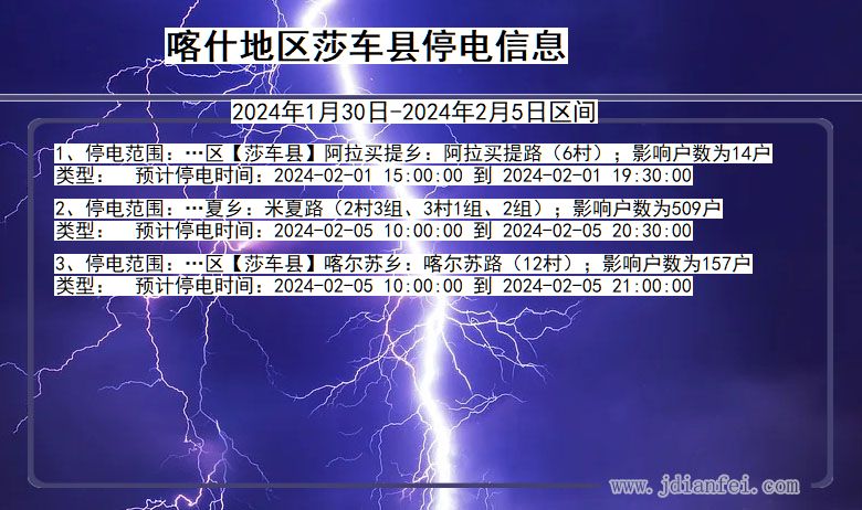 新疆维吾尔自治区喀什地区莎车停电通知