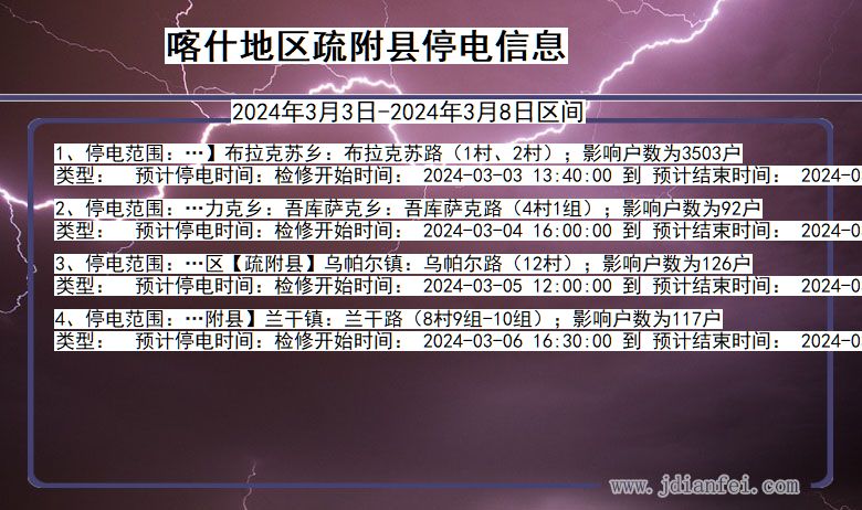 新疆维吾尔自治区喀什地区疏附停电通知