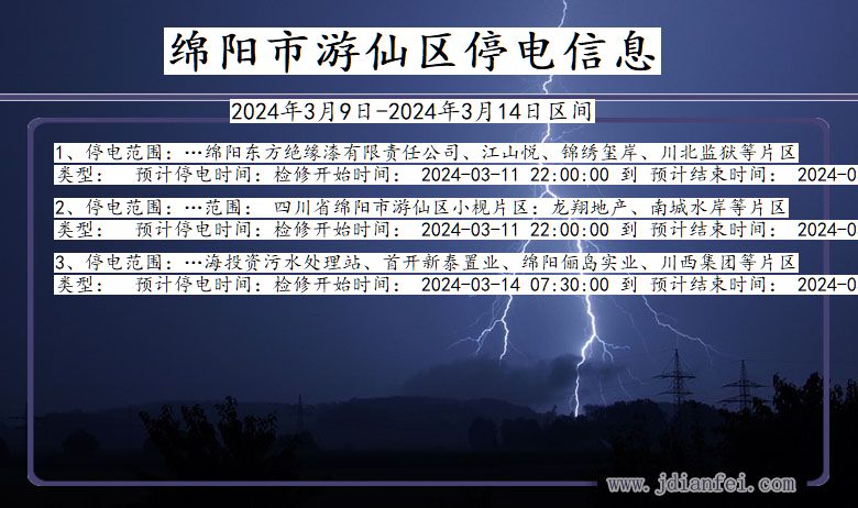 四川省绵阳游仙停电通知