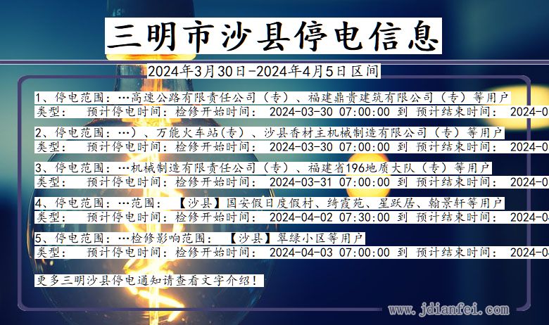 福建省三明沙县停电通知