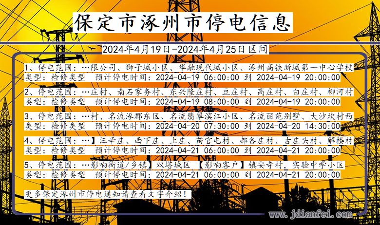 河北省保定涿州停电通知