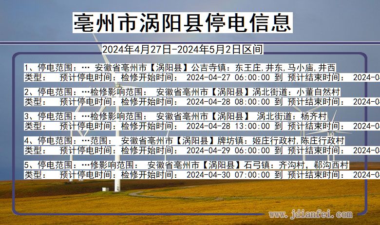 安徽省亳州涡阳停电通知