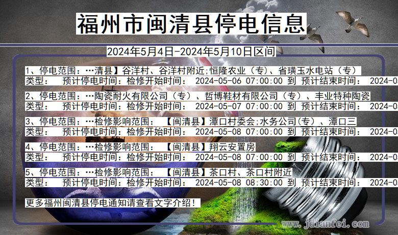 福建省福州闽清停电通知