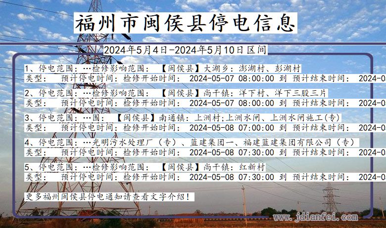 福建省福州闽侯停电通知