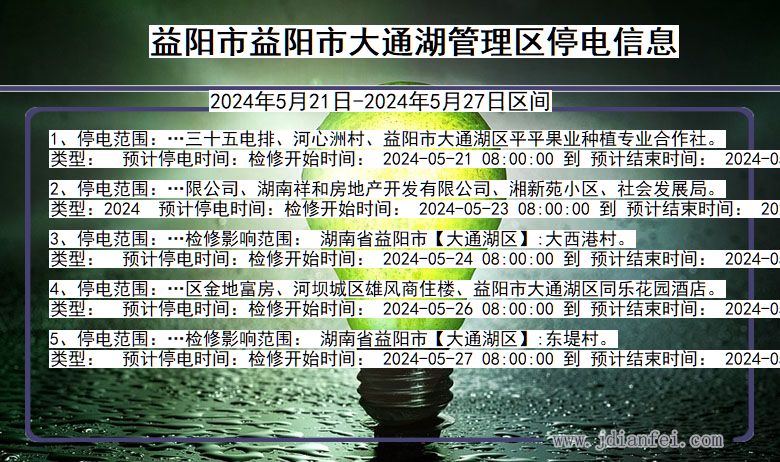 湖南省益阳益阳市大通湖管理停电通知