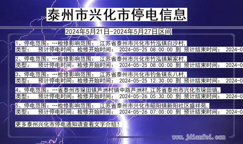 江苏省泰州兴化停电通知