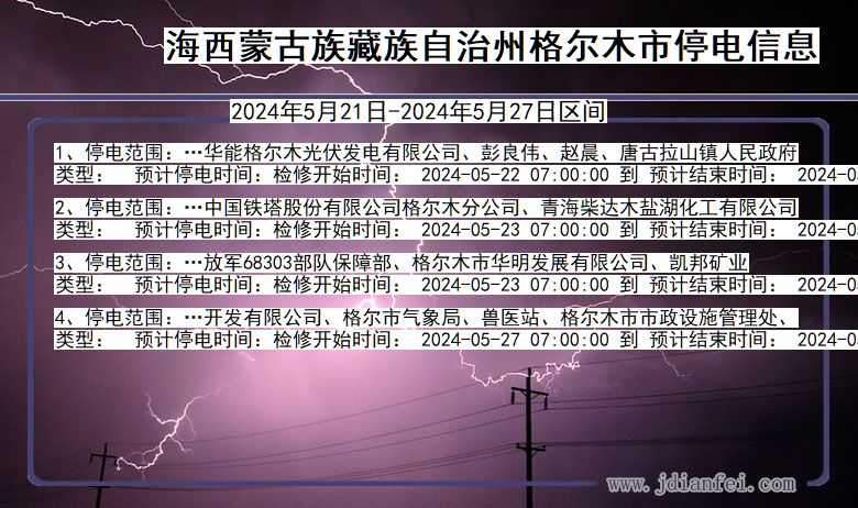 青海省海西蒙古族藏族自治州格尔木停电通知