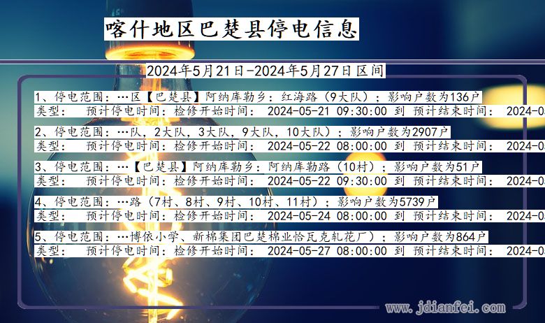 新疆维吾尔自治区喀什地区巴楚停电通知