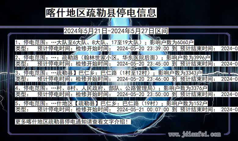 新疆维吾尔自治区喀什地区疏勒停电通知