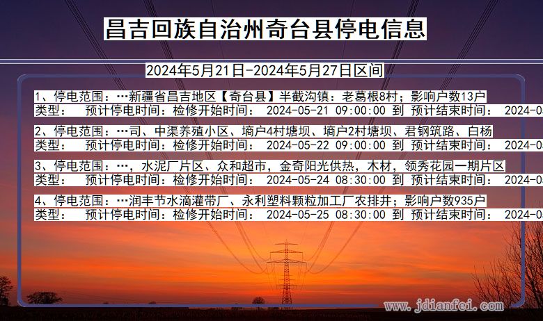 新疆维吾尔自治区昌吉回族自治州奇台停电通知