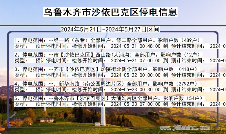 新疆维吾尔自治区乌鲁木齐沙依巴克停电通知