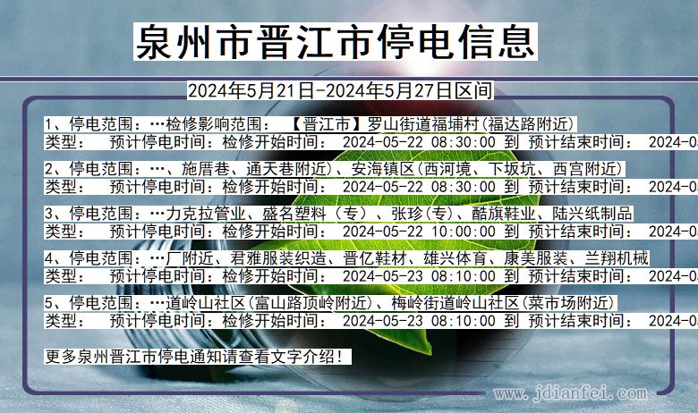 福建省泉州晋江停电通知