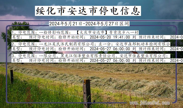 黑龙江省绥化安达停电通知