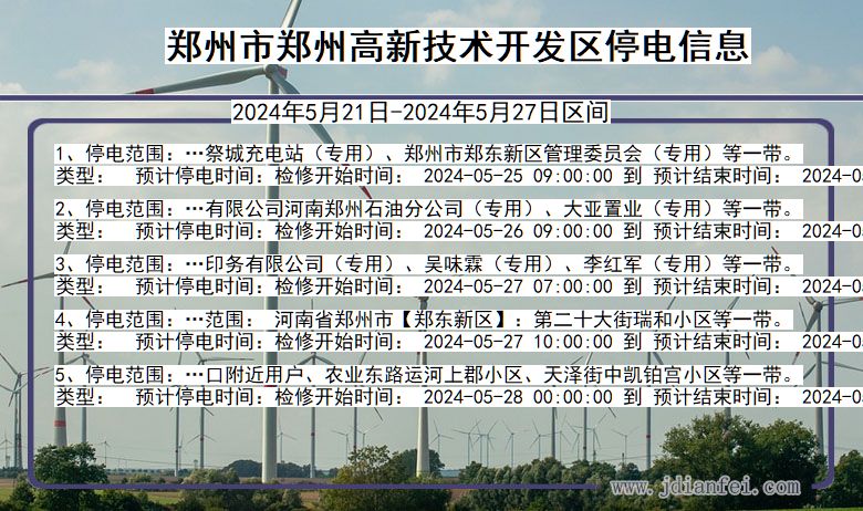 河南省郑州郑州高新技术开发停电通知