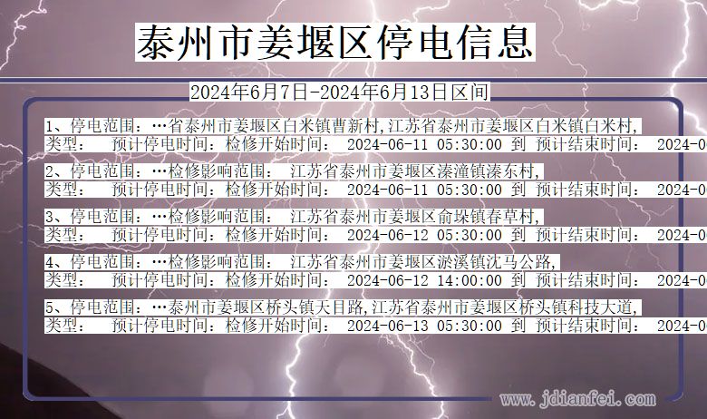 江苏省泰州姜堰停电通知