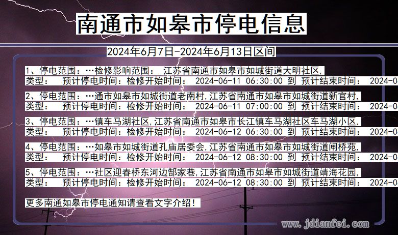 江苏省南通如皋停电通知