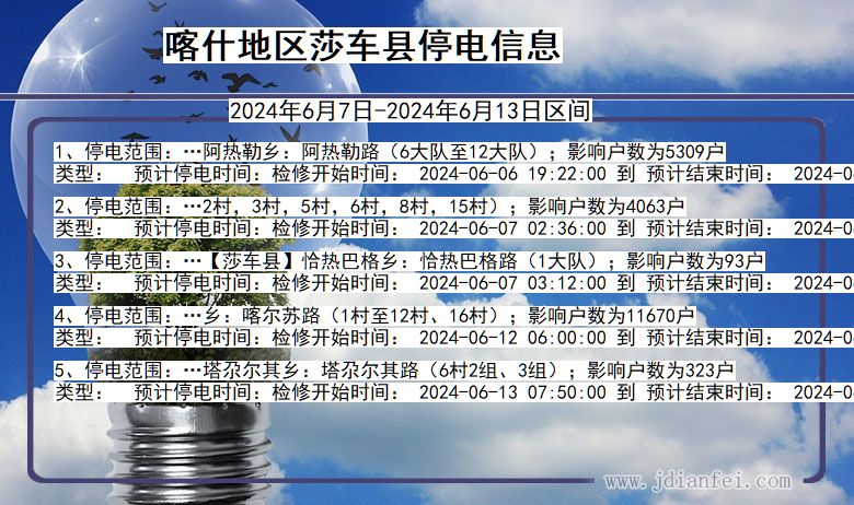 新疆维吾尔自治区喀什地区莎车停电通知