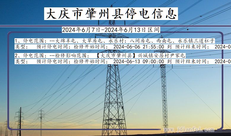 黑龙江省大庆肇州停电通知