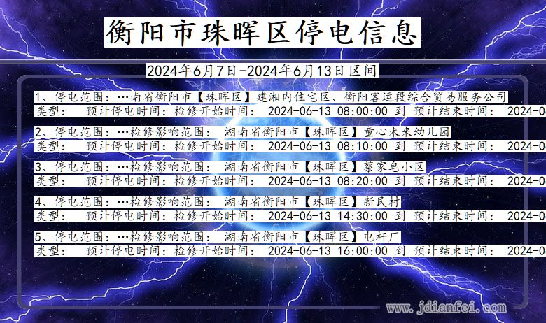 湖南省衡阳珠晖停电通知