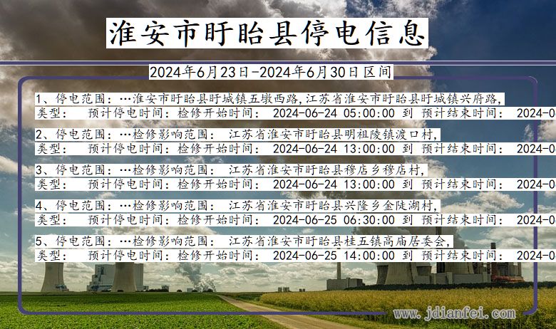 江苏省淮安盱眙停电通知